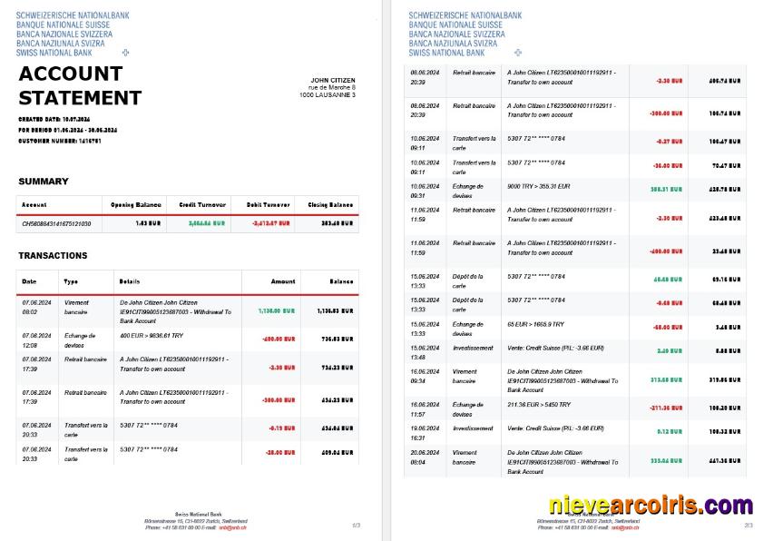 Switzerland Swiss National Bank SNB account statement, 3 pages
